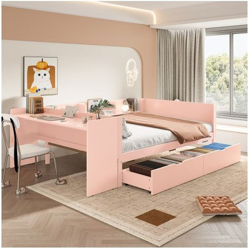 MUVOE Doppelbett aus Massivholz mit Schreibtisch und 2 Schubladen in Rosa, B/T/H: 140 x 200 cm - Bild 1