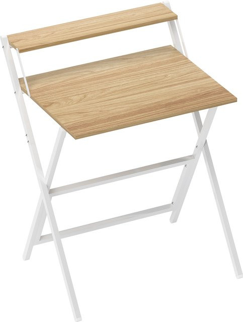HOMCOM Klappbarer Computertisch mit Monitorständer in Natur, Platzsparender Schreibtisch mit Stahlrahmen für Homeoffice und Wohnzimmer - Bild 1
