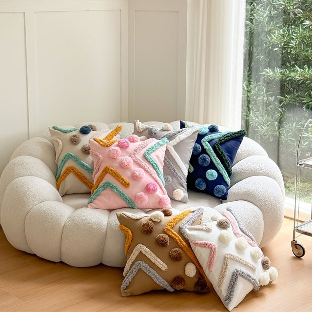 BUYNOW Tufted Kissenbezug im geometrischen Boho-Stil, Rosa und Blau, B/T/H: 45 x 45 x 45 cm - Bild 1