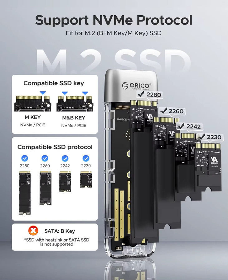 ORICO NVMe M.2 SSD Gehäuse USB 3.2 Gen 2 mit 10Gbps, werkzeugloser Adapter für NVMe PCIe M-Key und (B+M) Key, unterstützt UASP und TRIM - Bild 3