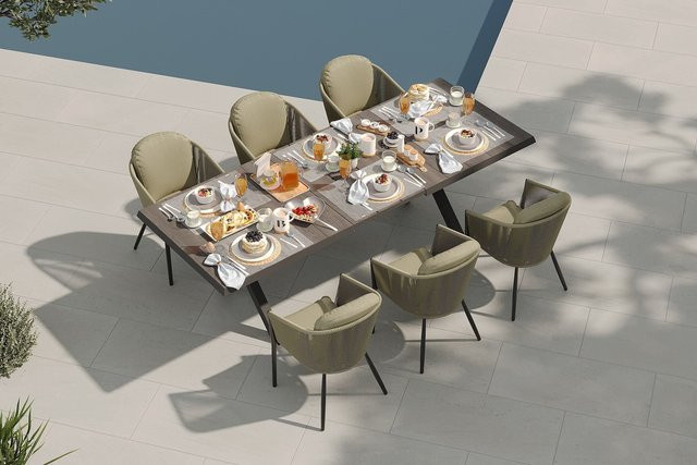 Siena Garden Garten-Essgruppe aus Aluminium, Keramik und Rope-Geflecht in Anthrazit und Grün mit ausziehbarem Tisch und 6 Diningsesseln - Bild 1
