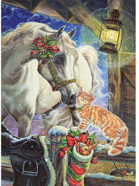 FIYO Diamantstickerei DIY Set Weihnachten Pferd und Katze Kreuzstich in Beige, B/H: 20 x 30 cm - Bild 1