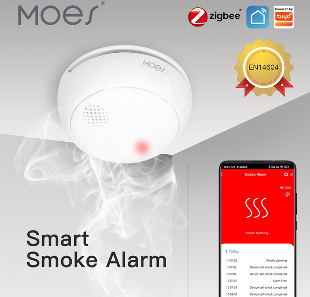 MOES ZigBee Smart Rauchmelder mit 85dB Alarm Sirene und App-Anbindung, Weiß - Bild 1