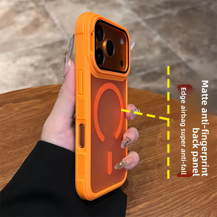FUCHU MagSafe Magnetische iPhone Schutzhülle mit Flip Stand und Voller Linse für iPhone 17 16 15 14 13 12 Pro Max Air Wireless Charging Matte Abdeckung in Schwarz und Orange - Bild 3