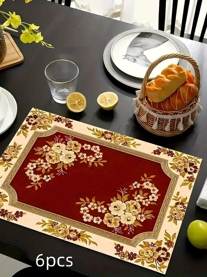 VIKAMA 4-teiliges Tischset-Set aus Leinen in Weinrot mit Blumenmuster, wasserdicht und wärmeisolierend, Rechteckig - Bild 4
