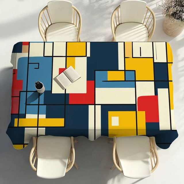 Wasserdichte und fleckenabweisende Tischdecke von Fancy Style Studio mit abstraktem Mondrian-Geometriedruck in Mehrfarbig, B/B: 100 x 140 cm - Bild 1