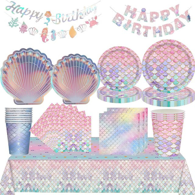 cicimini Meerjungfrau Party Geschirr Set in Mehrfarbig mit Papptellern, Tassen und Servietten für Babyparty und Geburtstag - Bild 1