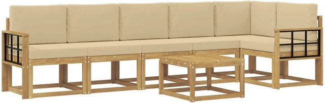 vidaXL Outdoor-Sofagarnitur 7-teilig in L-Form mit Kissen und Couchtisch, Akazienholz und wetterfestem Polyester, Weiß, Beige und Braun - Bild 1