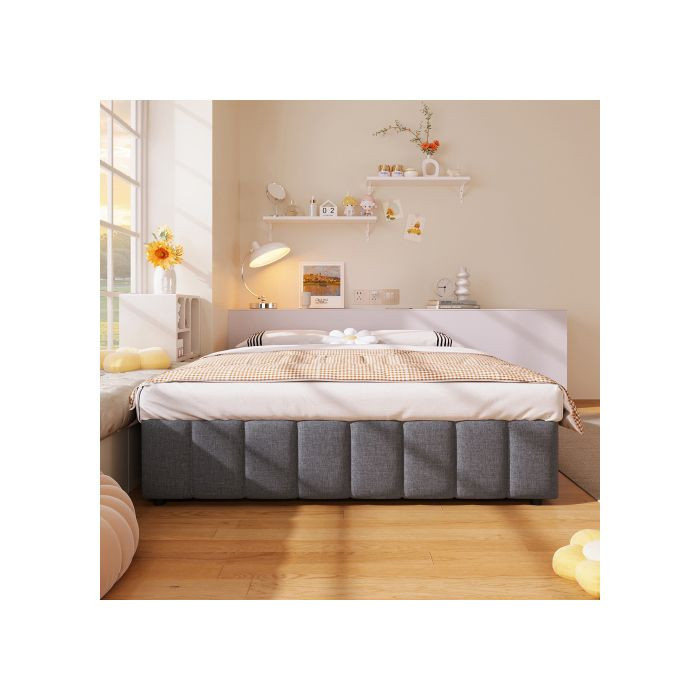 Gepolstertes Bett MUVOE in Grau mit Beleuchtung und hydraulischem Bettkasten, B/T: 140 x 200 cm - Bild 2