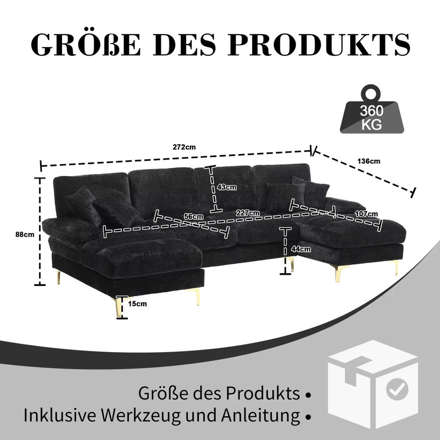 Ye Modernes U-förmiges Ecksofa aus Chenille in Schwarz mit zwei manuellen Relaxfunktionen - Bild 4