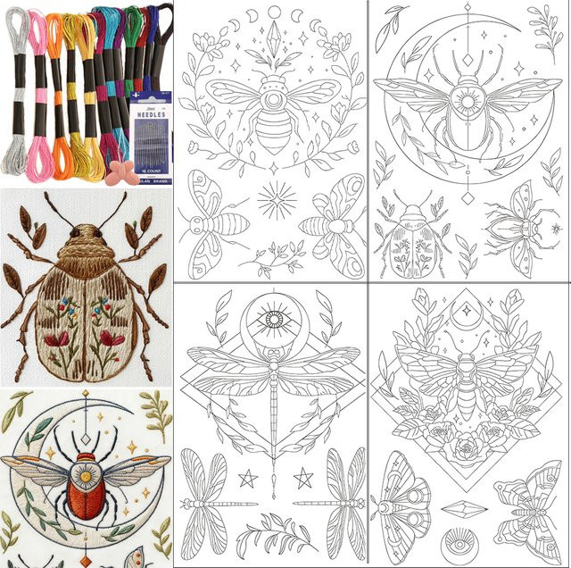 12-teiliges Insektenset zum Selbermachen mit selbstklebendem Stabilisator, 12 farbigen Metallfäden und 16 Sticknadeln in Multicolor - Bild 1