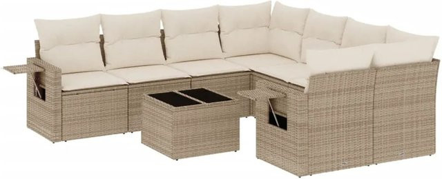 vidaXL 9-teilige Garten-Sofagarnitur in L-Form aus Poly-Rattan mit Kissen in Beige-Creme - Bild 1