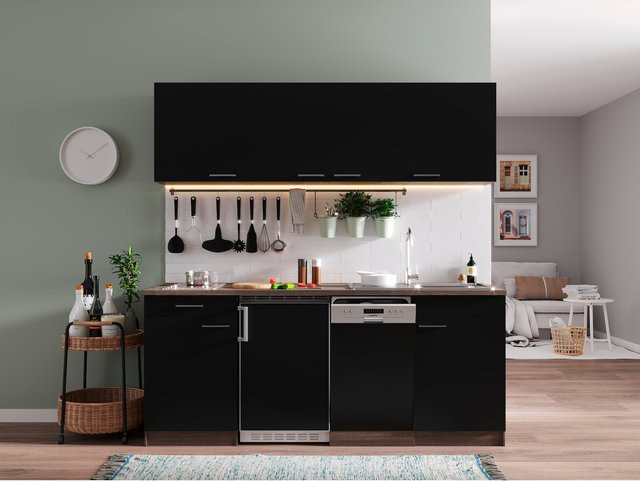 Respekta Küchenzeile KB195EYSC in Schwarz und Eiche York Nachbildung mit Glaskeramikkochfeld, Breite: 195 cm, Höhe: 200 cm, Tiefe: 60 cm - Bild 1