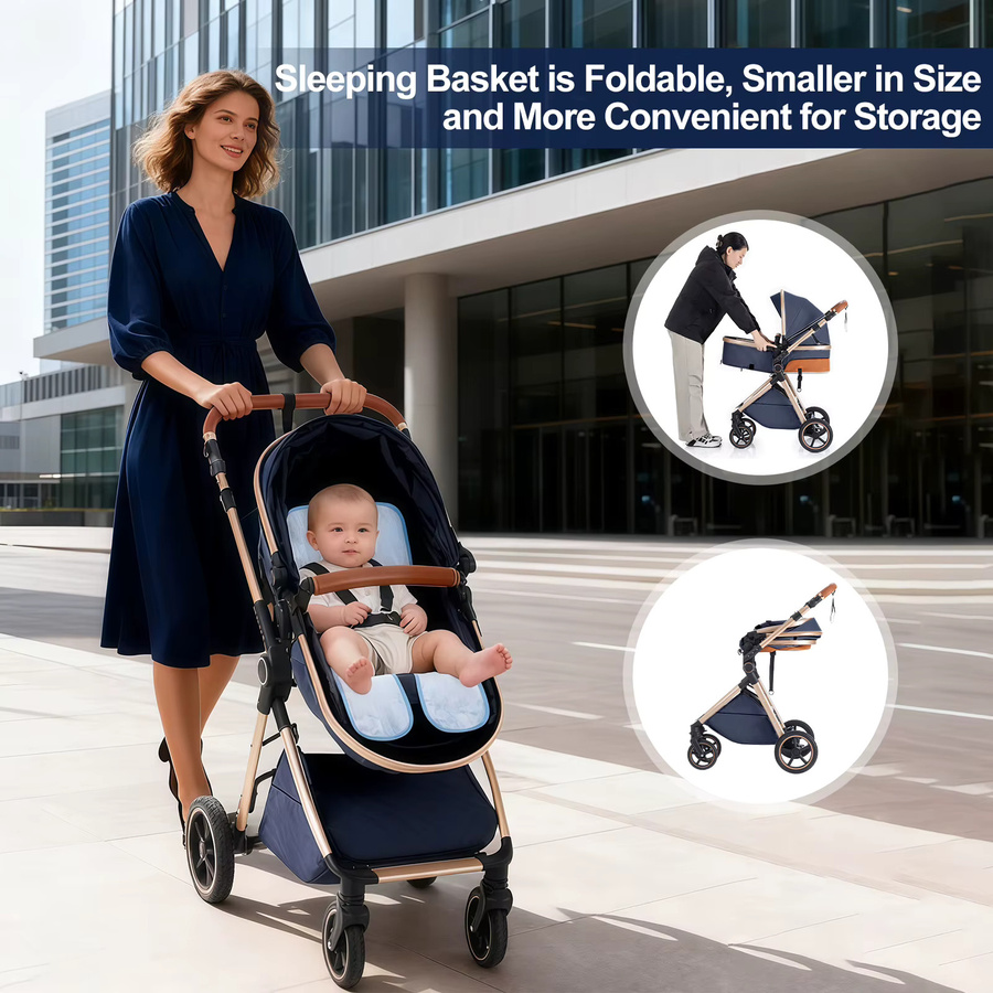 3-in-1 Kombi-Kinderwagen für Neugeborene mit Babywanne, zusammenklappbar und verstellbarer Griff, Grau-Blau - Bild 3