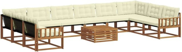 vidaXL Outdoor-Sofagarnitur aus Akazienholz mit Textilene und Kissen, 11-teilig, Natur und Creme - Bild 1