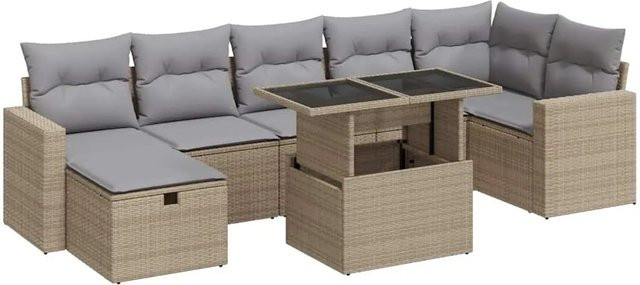 vidaXL 8-teilige Garten-Sofagarnitur in L-Form mit Kissen und Couchtisch, Beige, Poly-Rattan mit Metallgestell - Bild 1