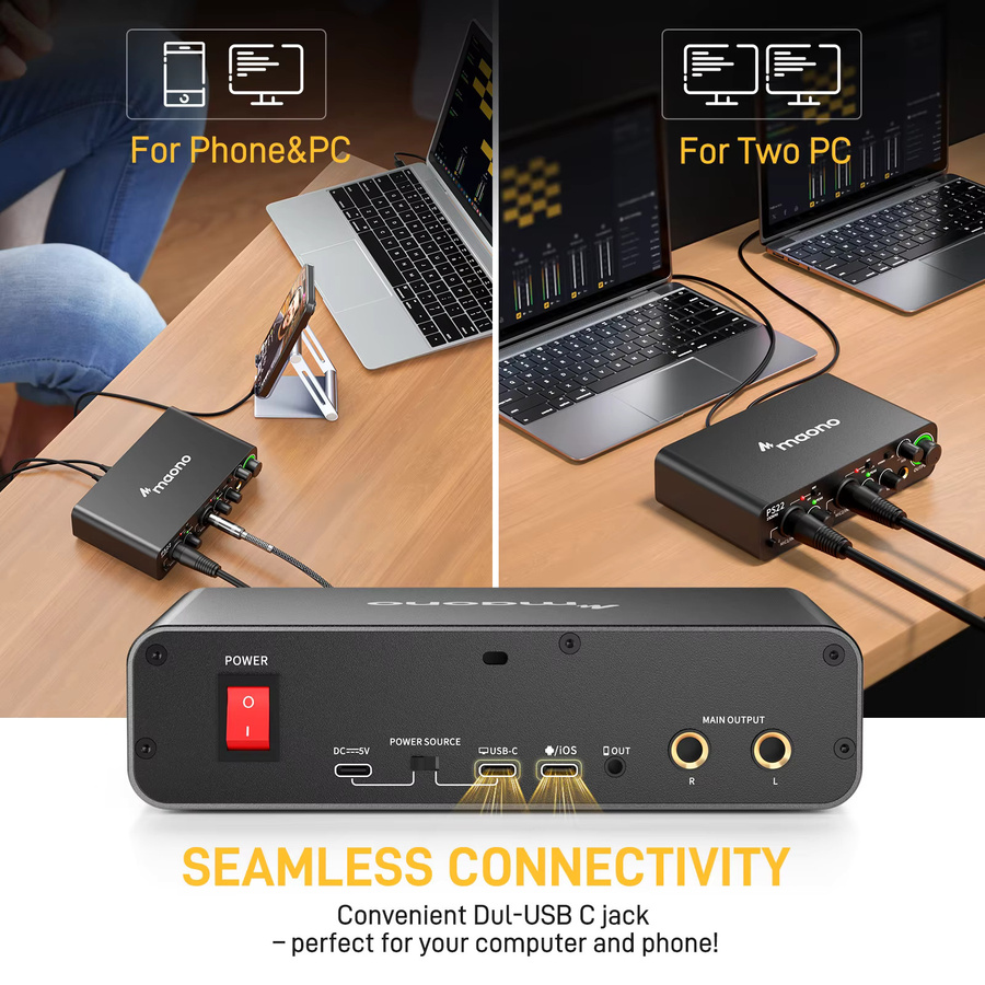 Maono PS22 USB-Audio-Interface in Schwarz mit 60dB Pro-Preamp, 24Bit 192kHz und Dual-USB-Schnittstelle für PC und Smartphone zur Musikproduktion, Podcast und Streaming - Bild 5