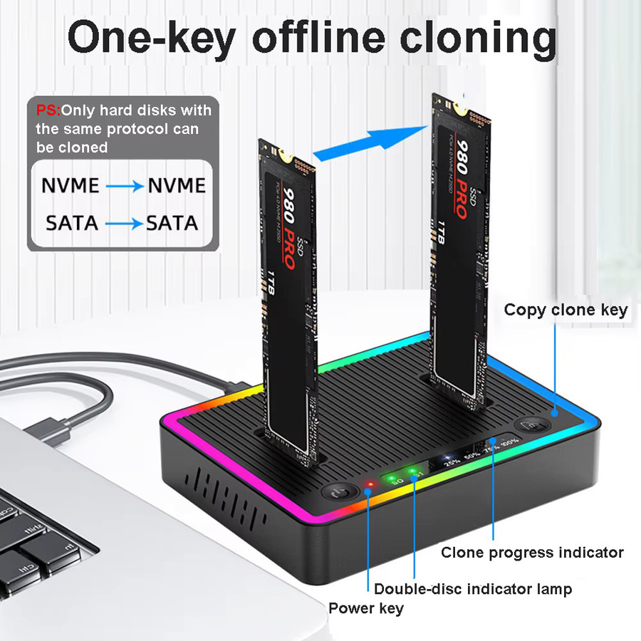 Kebidu Dual-Bay M.2 NVMe/SATA SSD Klon-Dockingstation mit Offline-Klon-Funktion, USB Gen2 und RGB-Beleuchtung, Schwarz/Multicolor - Bild 3