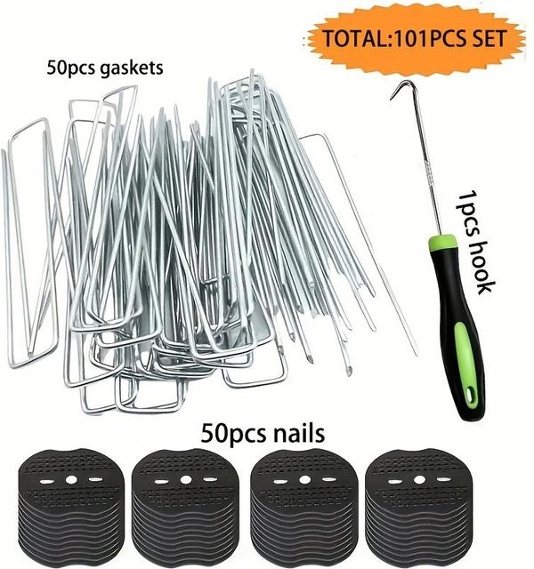 YC Direct 101-teiliges Gartenpfahl-Set mit 50 rostbeständigen U-Profil-Ankern aus verzinktem Metall, 50 Kunststoffscheiben und 1 Picking-Werkzeug in Silber - Bild 1