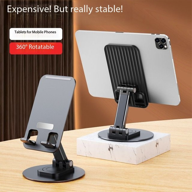 BEIQIU Universeller 360 Grad drehbarer Metall-Handyhalter in Schwarz, faltbar für Schreibtisch, kompatibel mit iPhone, iPad, Tablets und Xiaomi - Bild 1