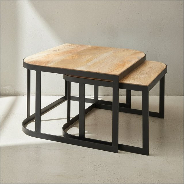 KADIMA DESIGN Beistelltisch-Set TIMAVO aus Mango-Massivholz und Eisen in Braun, Industrieller Stil mit abgerundeten Ecken, Set bestehend aus zwei Tischen, B/T/H: 60 x 40 x 60 cm und 50 x 35 x 50 cm - Bild 1