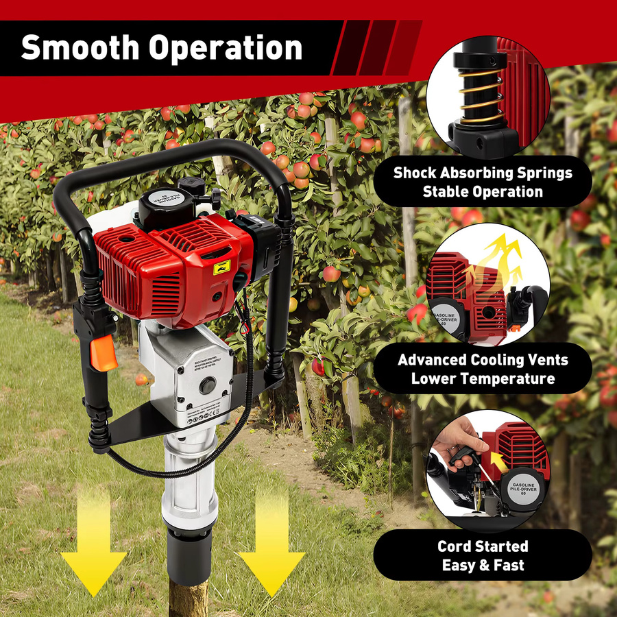 CNCEST Benzinbetriebener Pfahlrammer mit 1900W, 52cc Zweitakt Motor, luftgekühlt, Handstart, inklusive 2 Antriebsköpfen für Zaunpfähle in Schwarz-Rot-Grau - Bild 4