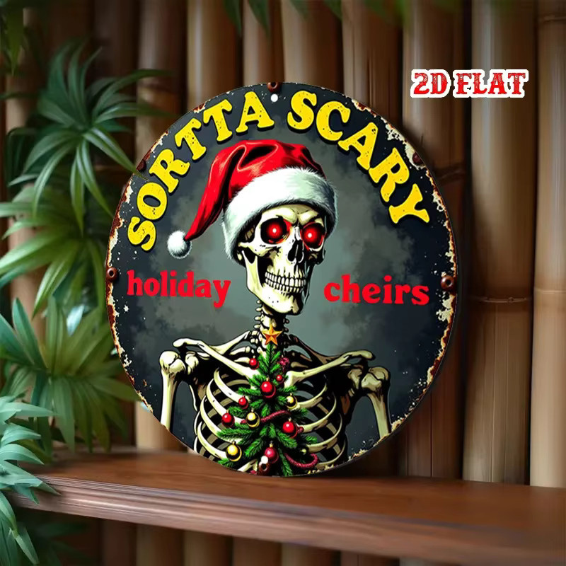 Potdemiel Metall-Wanddekoration Horror-Weihnachtsmann-Skelett in Rot, Retro-Gothic Wandschild für Halloween und Weihnachten - Bild 3