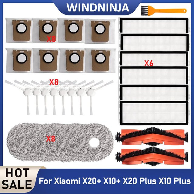 WINDNINJA Ersatzteil-Set für Xiaomi X20 Plus und X10 Plus Roboter-Staubsauger mit Wischtüchern, HEPA-Filtern, Hauptbürsten und Seitenbürsten - Bild 1