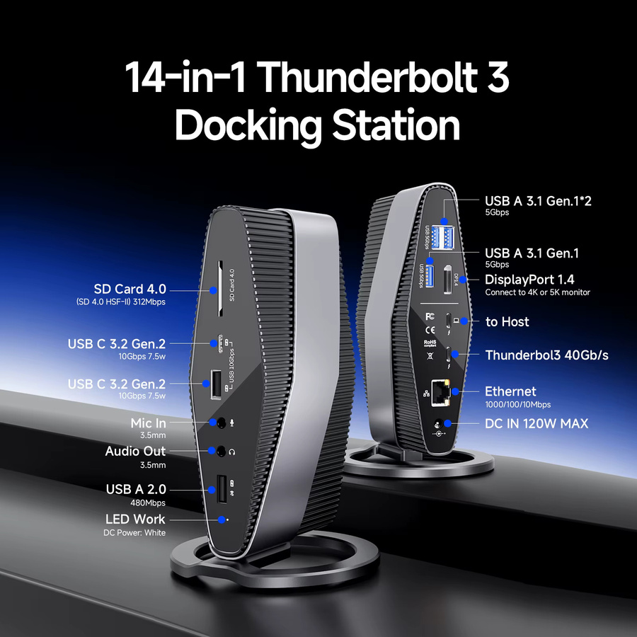 PULWTOP Thunderbolt 3 Dockingstation mit Dual-Monitor 4K-Display, 40 Gbit/s, SD/TF 4.0 sowie USB-A und USB-C Anschlüssen, Grau - Bild 2