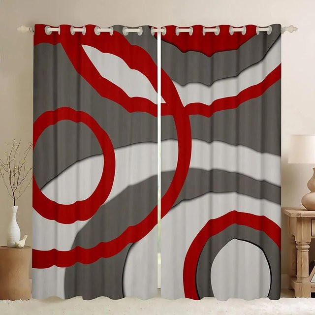 Yiran Furniture Vorhänge mit abstraktem geometrischem Design in Rot und Schwarz, halbtransparent, Ösenaufhängung, Breite: 100 cm, Höhe: 200 cm - Bild 1