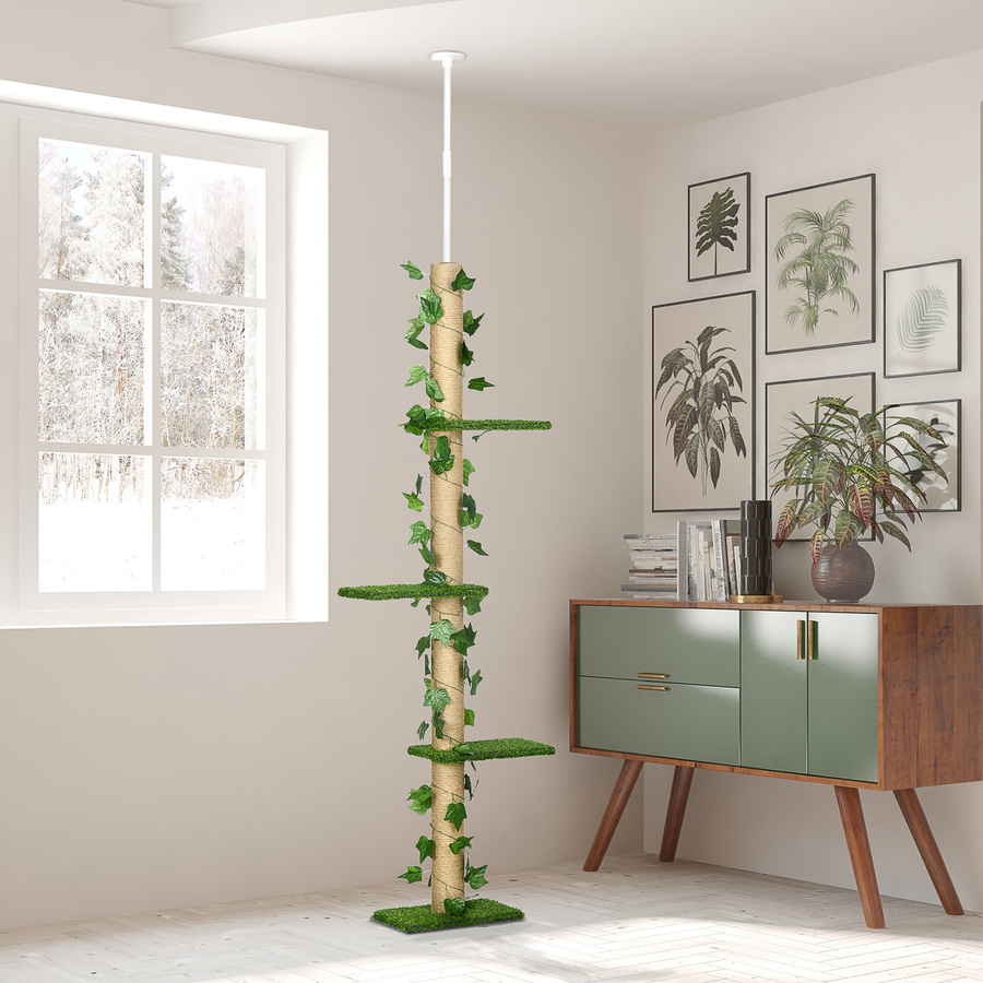PawHut Deckenhoher Kratzbaum höhenverstellbar in Grün und Gelb mit Kippschutz und integriertem Spielzeug - Bild 2