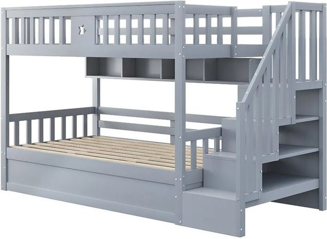 KOMHTOM Etagenbett aus Kiefernholz in Grau mit Treppe, Ablagefächern und hydraulischem Unterbettmechanismus für Kinder, B/T/H: 90 x 200 x 151 cm - Bild 1