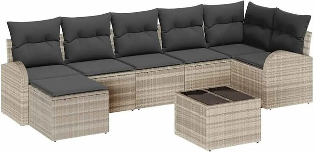 vidaXL Garten-Sofa-Set aus Polyrattan in Hellgrau, 8-teiliges L-Shape Lounge-Set mit 3-Sitzer-Sofa, Couchtisch, Ottoman und Kissen, wetterfest und UV-beständig - Bild 1