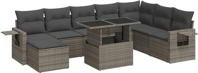 vidaXL 9-tlg Garten-Sofagarnitur in L-Form aus grauem Poly-Rattan mit Kissen und pulverbeschichtetem Stahlgestell - Bild 1
