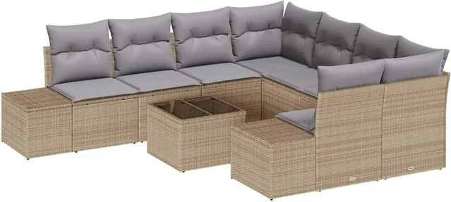 vidaXL Garten-Sofa-Set 9-teilig aus Poly Rattan in Beige mit Polsterkissen und Tisch - Bild 1