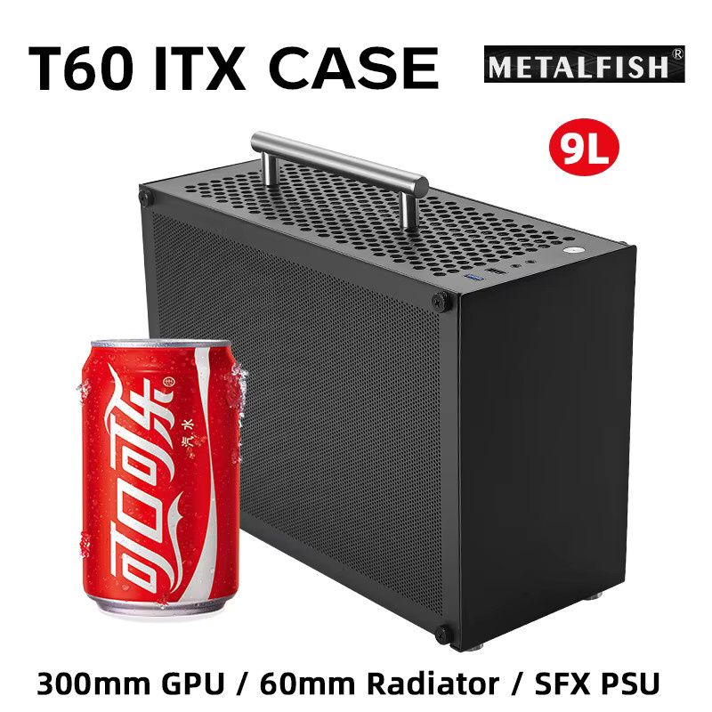 METALFISH T60 Mini ITX Gaming-Computergehäuse in Schwarz mit transparentem Design, kompakt mit 9L Volumen, unterstützt SFX PSU und bis zu 300 mm GPU - Bild 2
