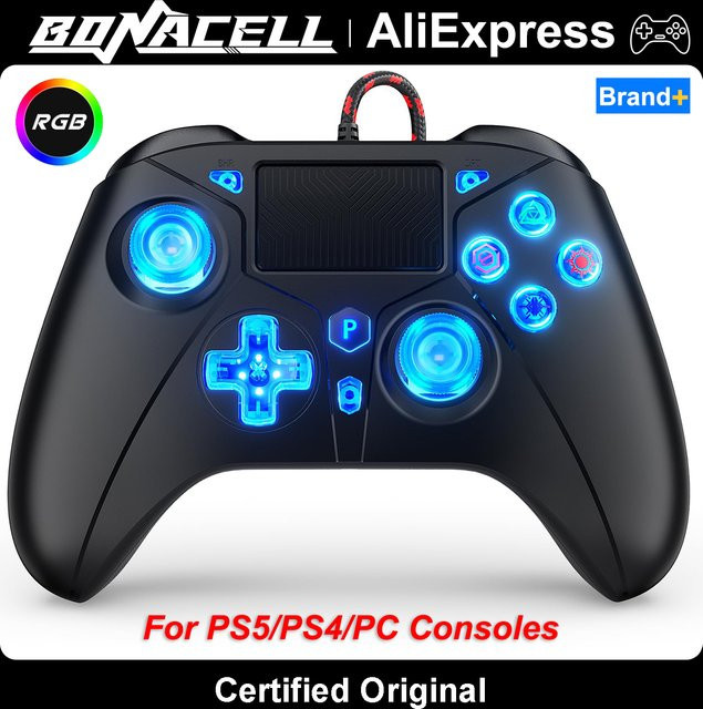 Bonacell RGB Gaming Controller für PS5, PS4 und PC, kabelgebundenes Gamepad mit Dual Vibration und 8 Farben, Schwarz/Multicolor - Bild 1