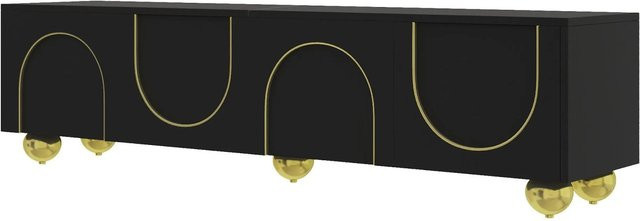 okwish TV Schrank in Schwarz mit goldenen Griffen und Füßen, ausgestattet mit Schubladen und offenen Fächern, B/T/H: 170 x 38 x 44 cm - Bild 1