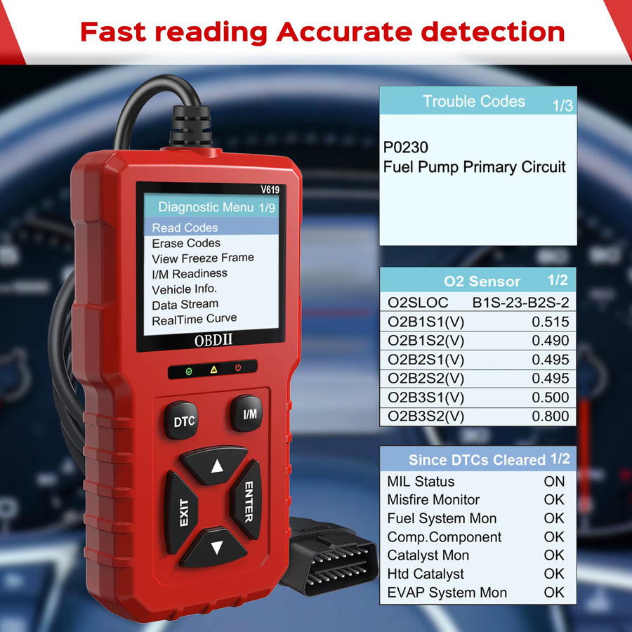 RUOGINSS OBD2-Scanner Diagnosetool in Rot mit Check Engine Light Code Reader, Reset, Live Data, Freeze Frame und I/M Readiness - Bild 4