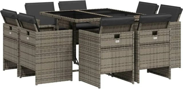 vidaXL 9-teilige Garten-Essgruppe aus Poly-Rattan mit Kissen in Grau und pulverbeschichtetem Stahl mit Hartglas-Tischplatte - Bild 1