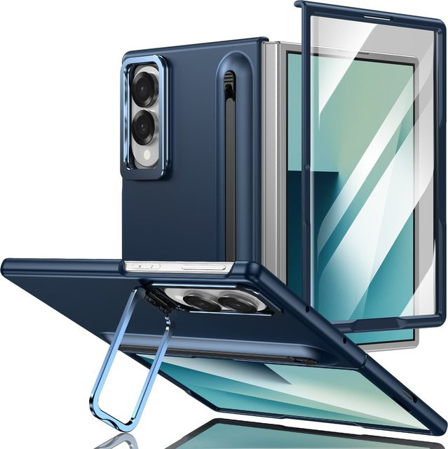 Scharnierschutz Handyhülle für Samsung Galaxy Z Fold 7 6 5 4 Ultra in Blau mit Stylus Stift, gehärtetem Glas für das Objektiv und integriertem Ständer - Bild 1