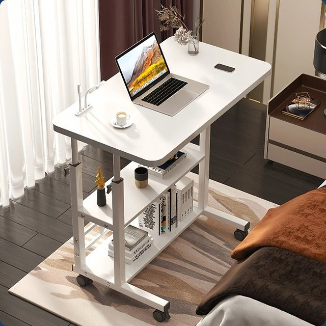 LIUSHADUOLA Höhenverstellbarer mobiler Laptop-Schreibtisch mit Rollen und 2-stufigem Regal, weiß - Bild 1