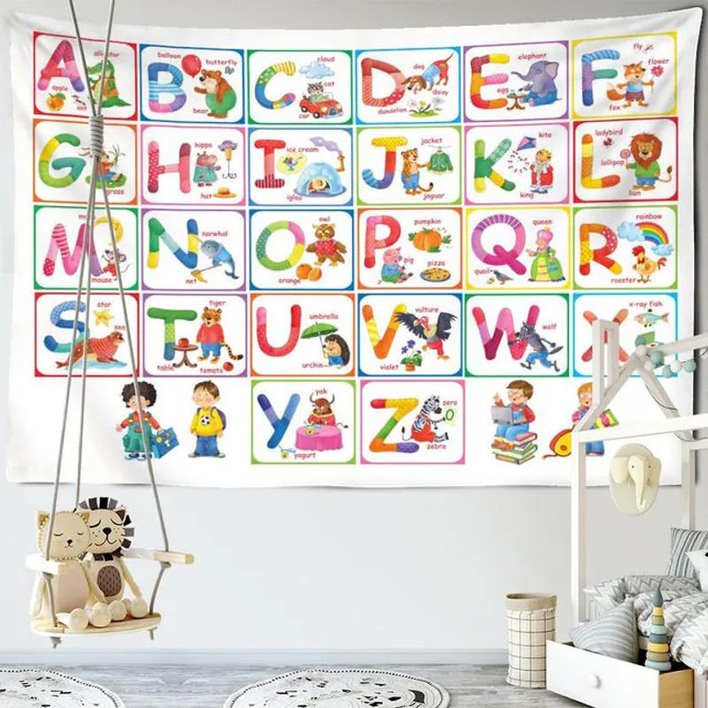 Super Six Cartoon Alphabet Wandteppich mit Tierprint in Boho-Stil, mehrfarbig, B/H: 95 x 70 cm - Bild 1