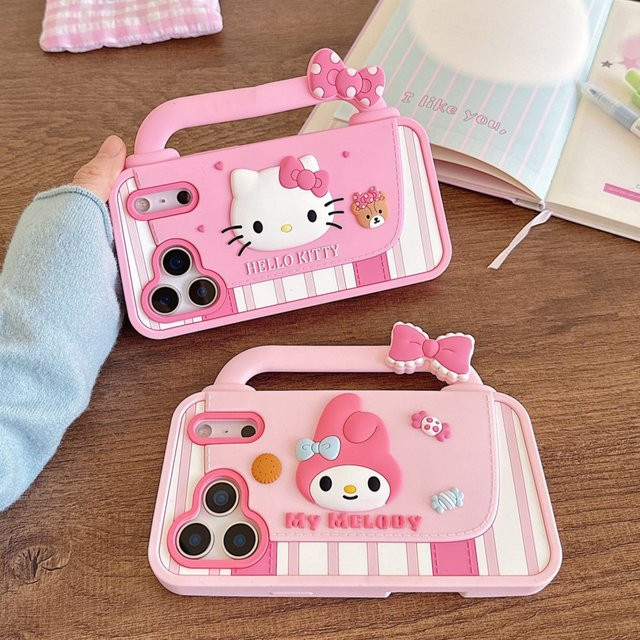 Sanrio Hello Kitty und My Melody 3D Handtaschen Handyhülle aus weichem Silikon in Pink für iPhone 17 16 15 14 13 Pro Max Plus - Bild 1