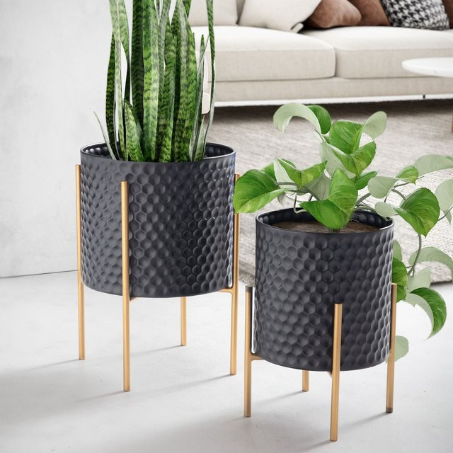 2er Set Blumentöpfe FineBuy aus Metall mit Waben-Muster in Schwarz und Gold, rund, für Tabletop, Höhe: 30 cm, Durchmesser: 44 cm - Bild 1