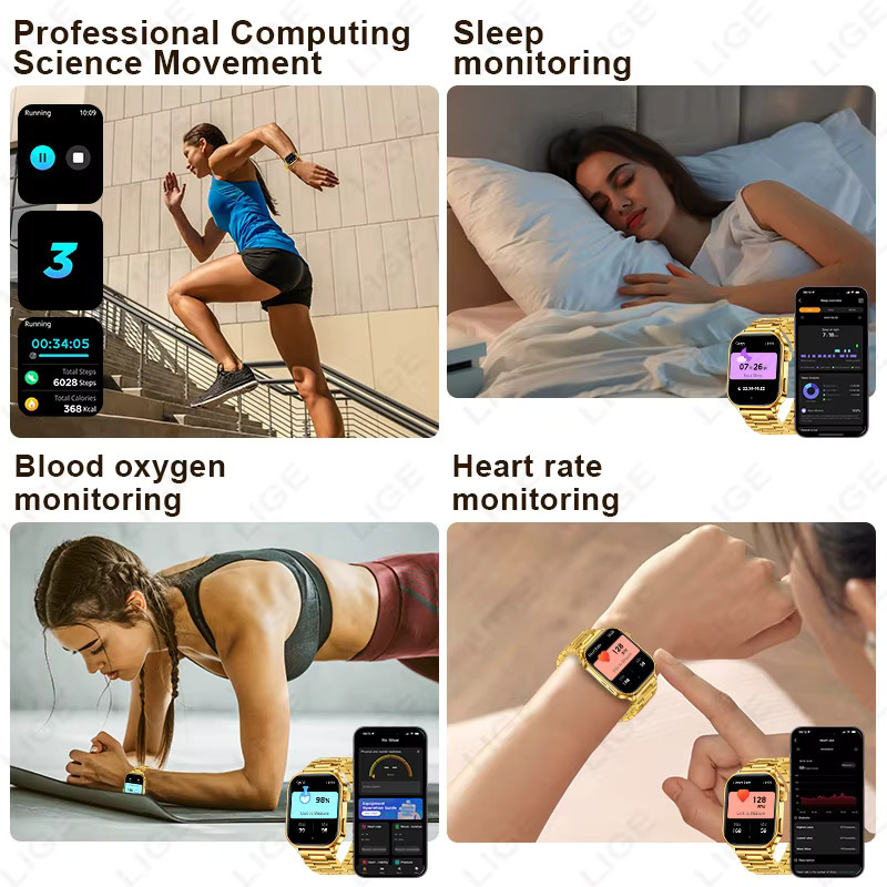 LIGE Smartwatch, Edelstahl, Schwarz, Gold, Unisex - Bild 3