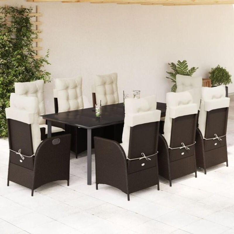9-teilige Garten-Essgruppe aus Poly-Rattan mit Kissen in Braun von vidaxl - Bild 1