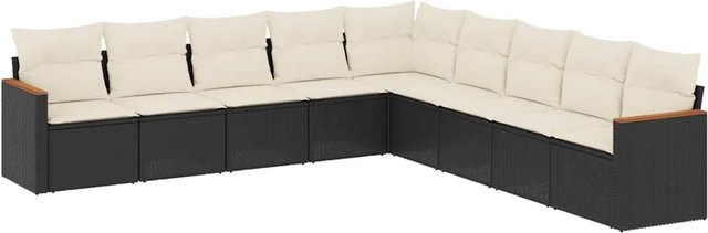vidaXL 9-tlg. Garten-Sitzgruppe in L-Form aus Akazienholz und Polyrattan mit Kissen in Schwarz - Bild 1