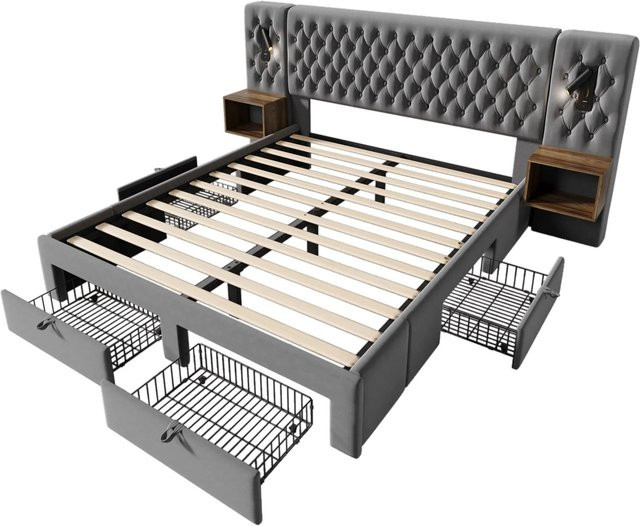 okwish Bettanlage mit gepolstertem Kopfteil, Nachttischen und integrierten Leselampen, Grau, B/T/H: 160 x 200 cm - Bild 1
