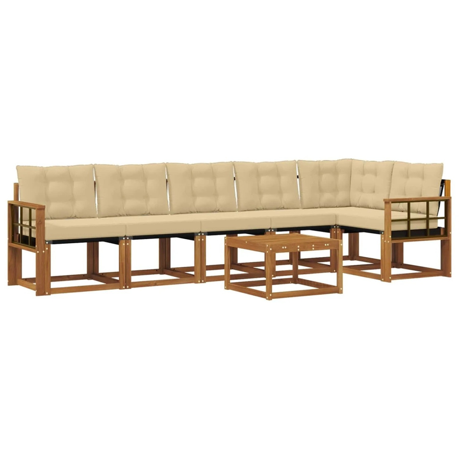 vidaXL Outdoor-Sofagarnitur 7-teilig aus Akazienholz und Textilene in Natur und Beige mit Kissen und Armlehnen - Bild 2